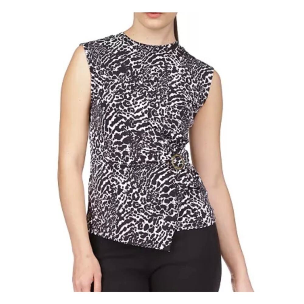 Michael Kors Women's Animal Print Sleeveless Ring Twist Top Black/White Size XL